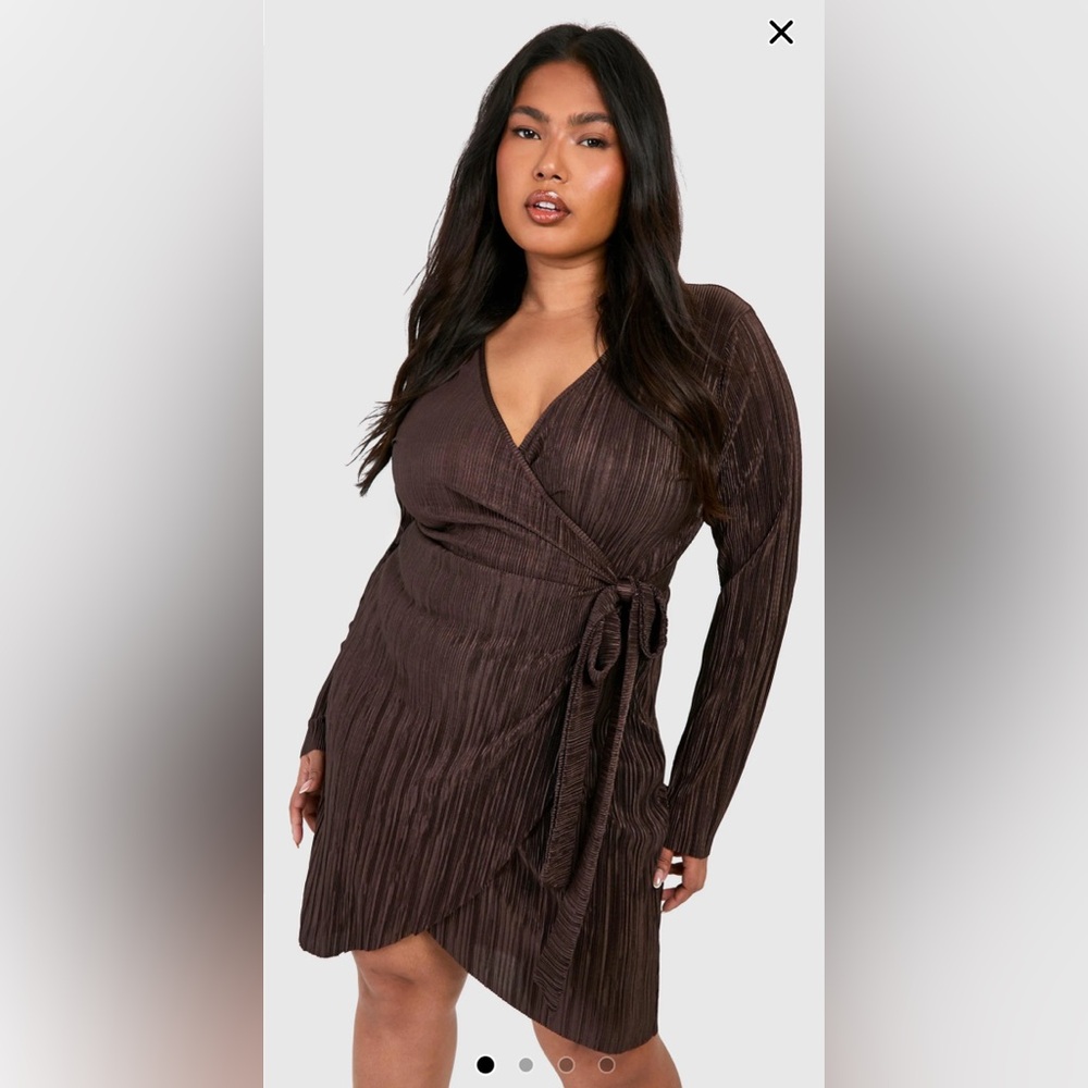 Boohoo Chocolate Brown Plisse Long Sleeve Tie Waist Mini Wrap Mini Dress Sz 16